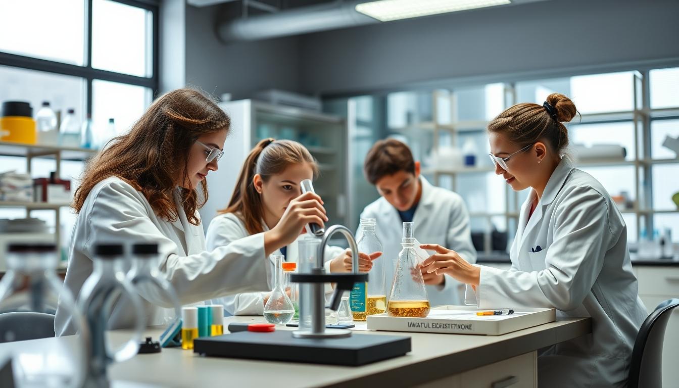 Students studying together in modern classroom